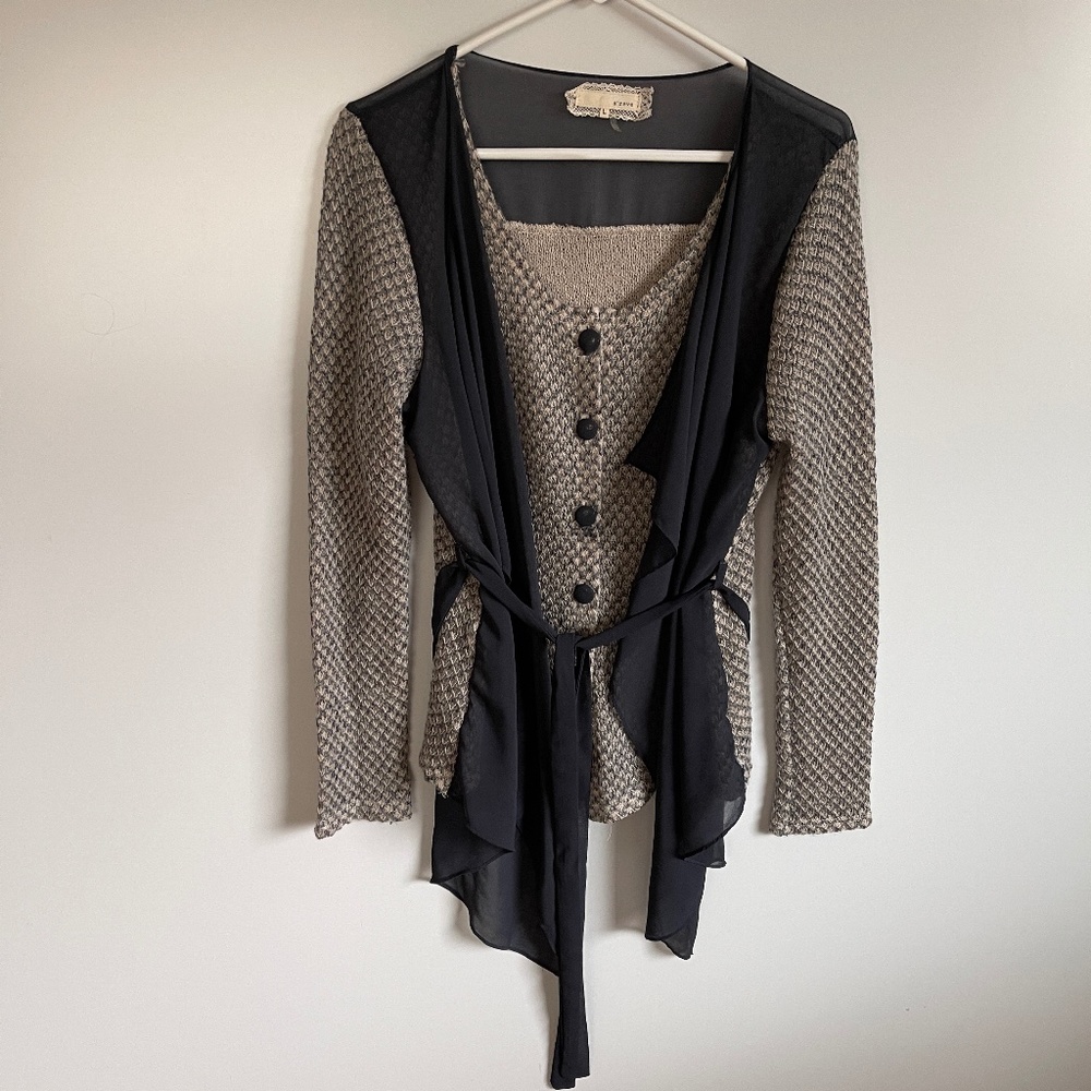 A'reve Sweater with‎ Cardigan like attached sheer panels Sz L